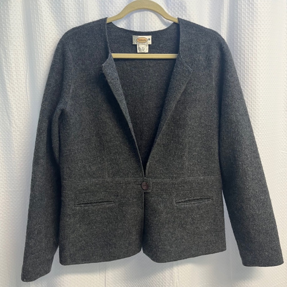 Talbots Womens Large Gray 100% Wool Collarless Single Button Cardigan Jacket